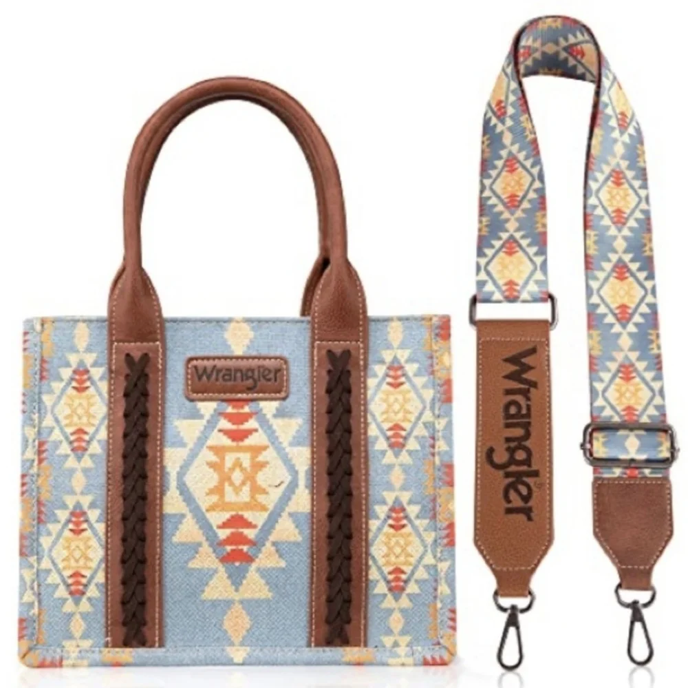 Wrangler Blue & Brown Geometric Purse Tote Bag Aztec Southwestern Style - Picture 4 of 7